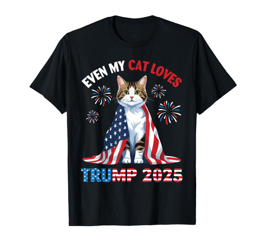 Fireworks Cat Wearing US Flag Even My Cat Loves Trump 2025 T-Shirt