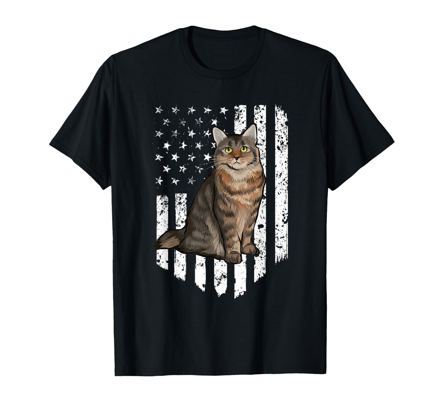 Black White American Flag American Bobtail 4th Of July Cat Women Men T-Shirt