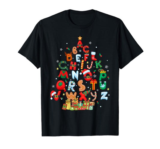 Christmas Alphabet Tree Santa Hat Gingerbread Xmas Teacher T-Shirt