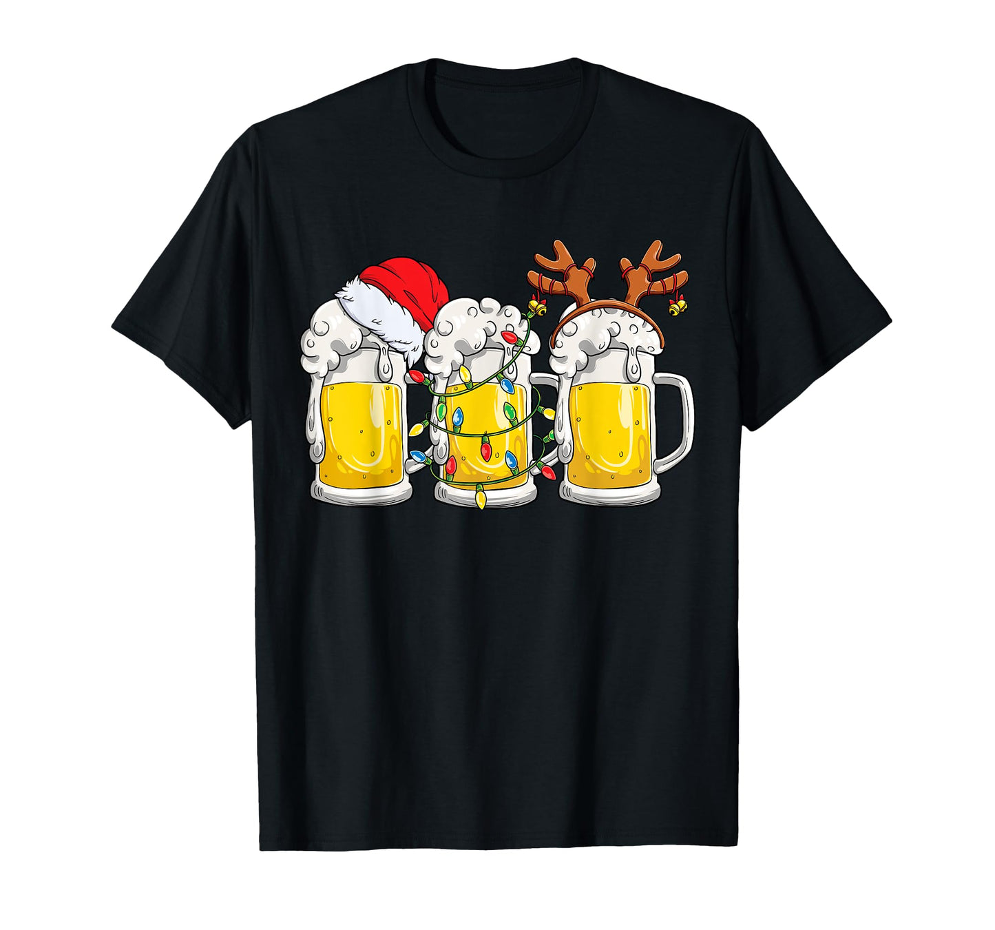 Beer Christmas Mug Santa Reinbeer Xmas Tree Lights Men Women T-Shirt