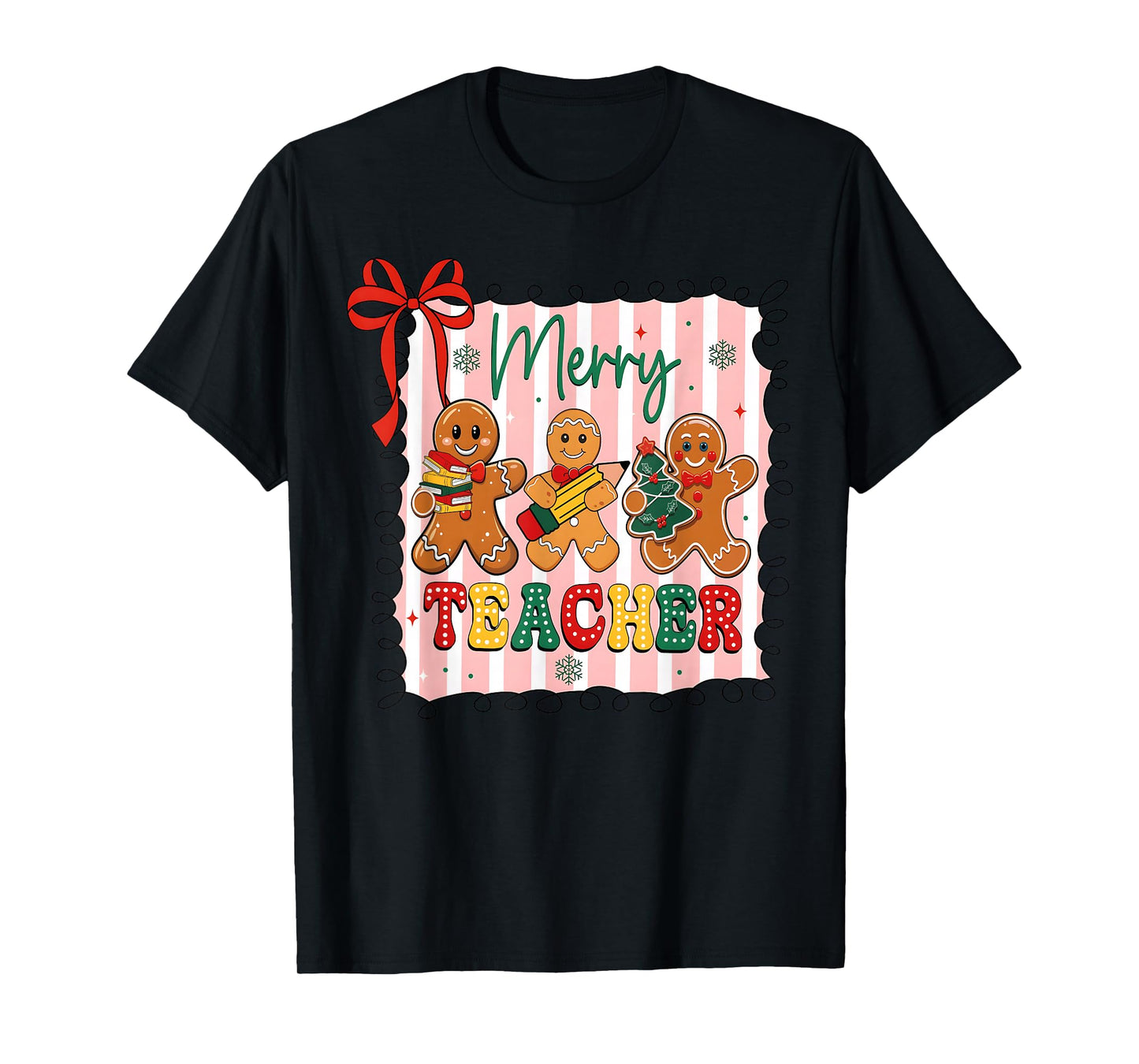 Christmas Preppy Gingerbread Coquette Bow Merry Teacher T-Shirt