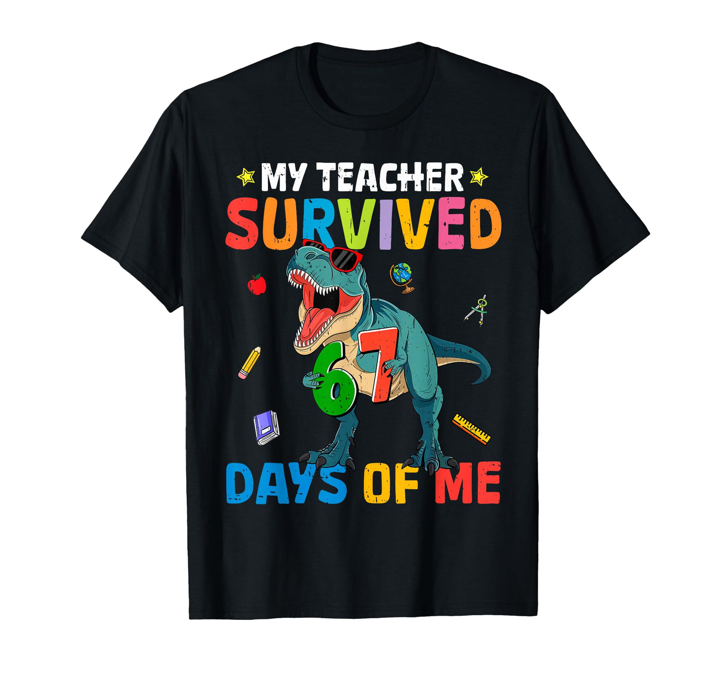 67th Day of School My Teacher Survived 67 Days Boys Dinosaur T-Shirt