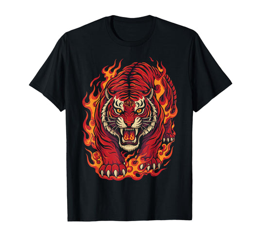 Fire Tiger Red Flame Mythical Beast Tattoo Art T-Shirt