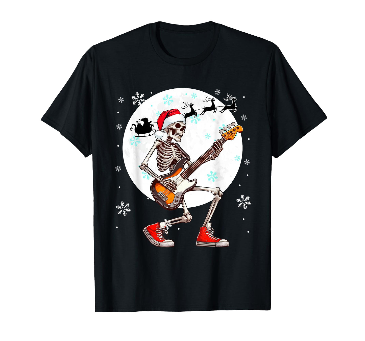 Christmas Santa Skeletons Playing Guitar Bass Guitarist T-Shirt