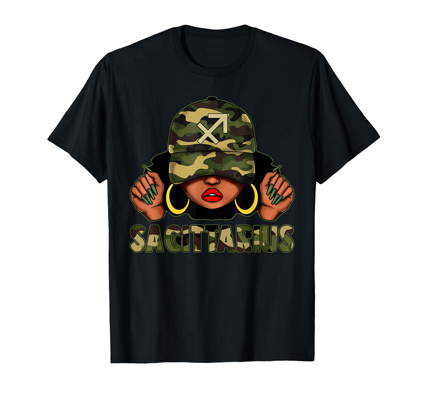Sagittarius Queen Black Woman with Cap Camo Afro Girl Zodiac T-Shirt