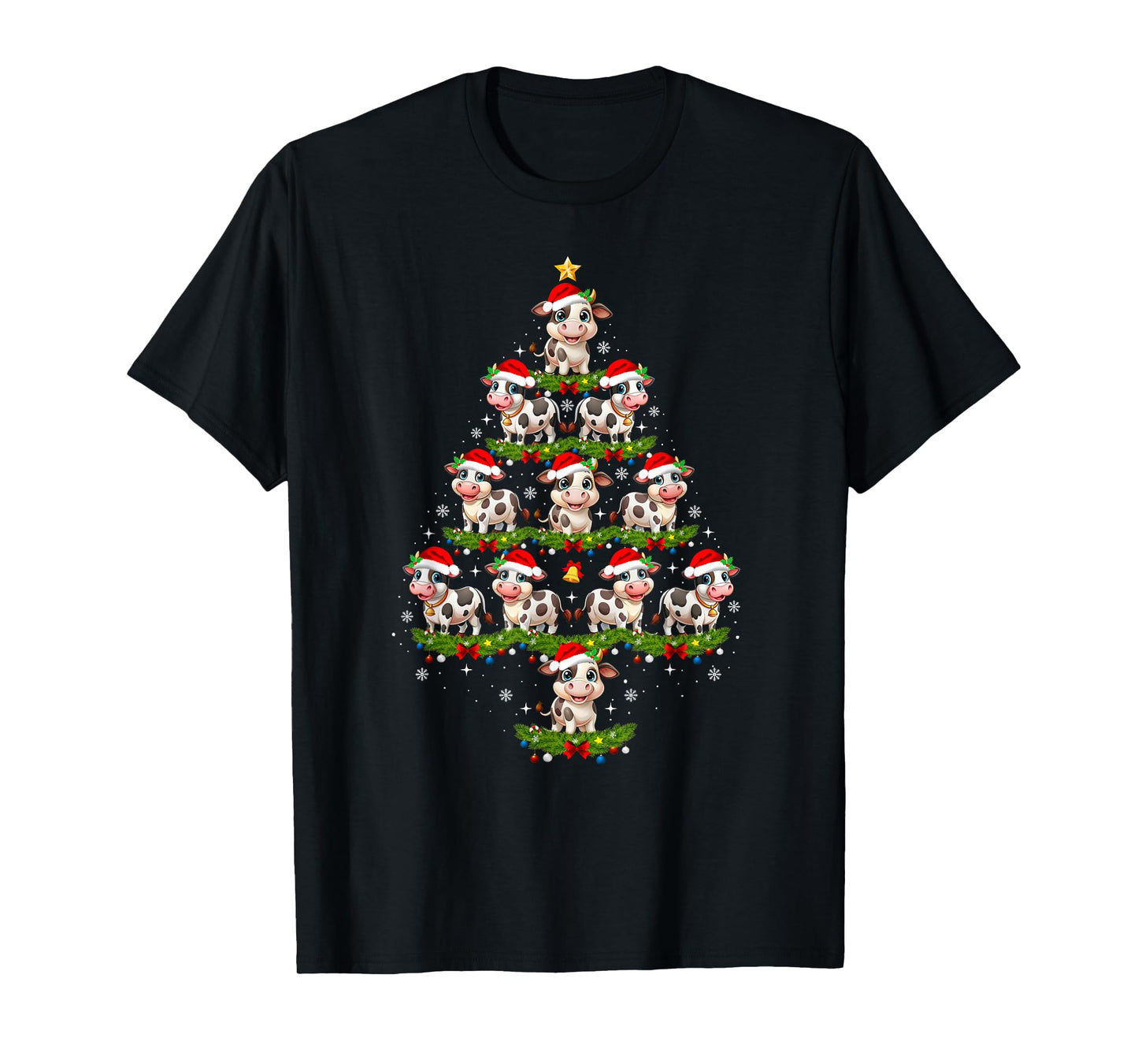 Cow Christmas Tree Lights Funny Xmas Family Men Women T-Shirt