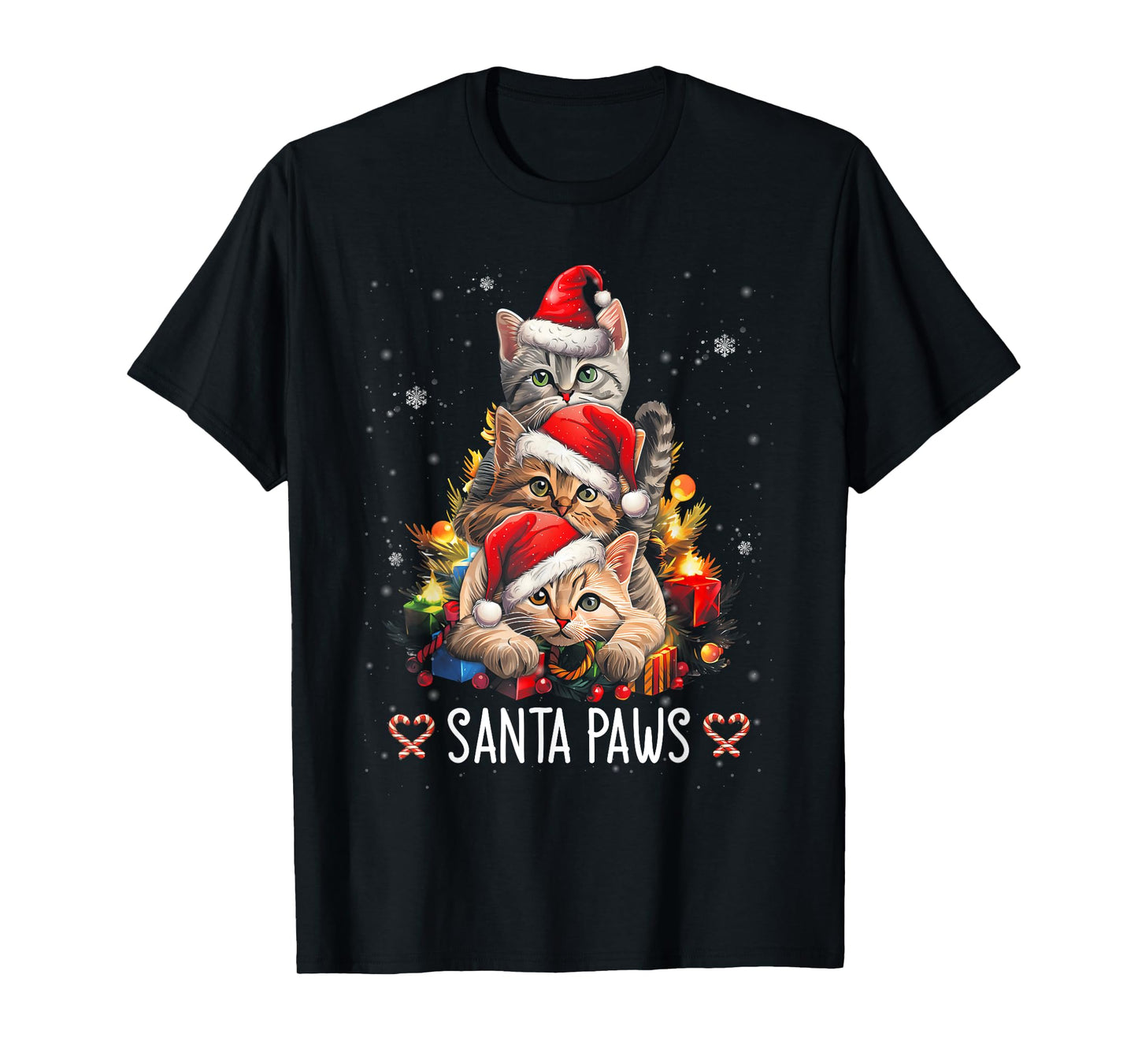 Santa Paw And Claw Santa Cat Christmas Tree Lights Cat Lover Men Women Kids T-Shirt