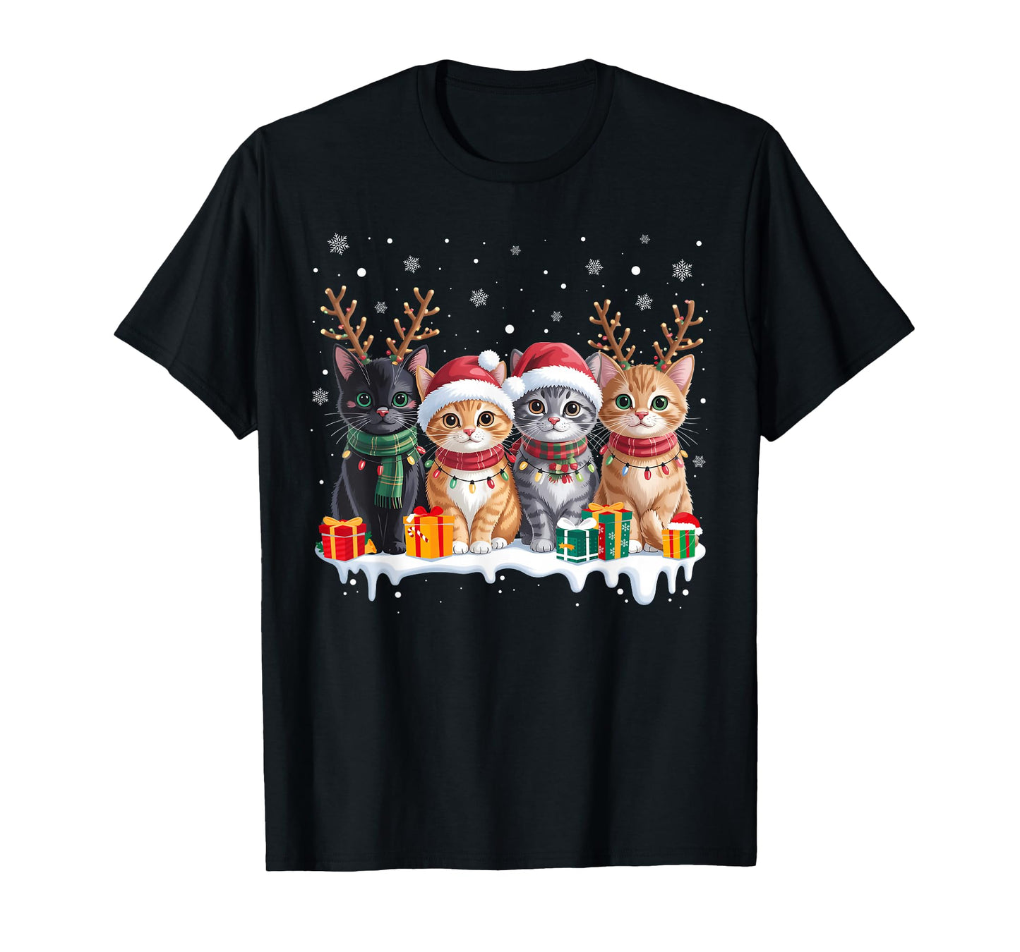 Cat Christmas Light Reindeer Santa Christmas Cat Lover T-Shirt