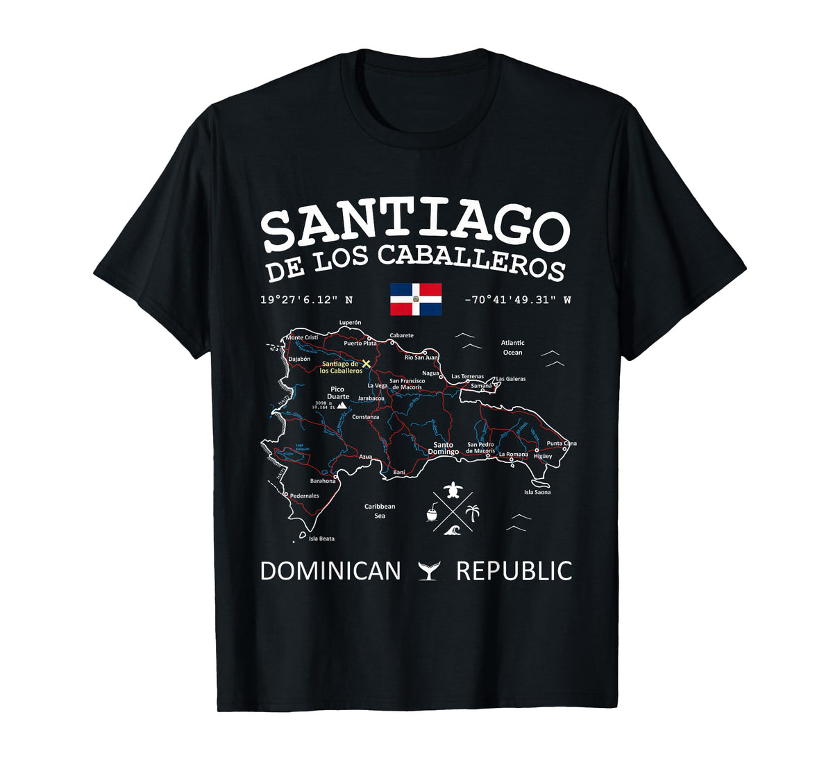 SANTIAGO de los Caballeros Dominican Republic Map Flag T-Shirt