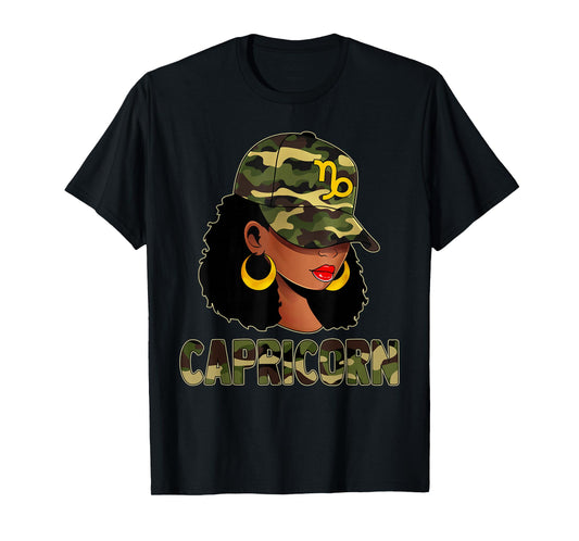Capricorn Queen Camouflage Black Woman Cap Zodiac Sign T-Shirt