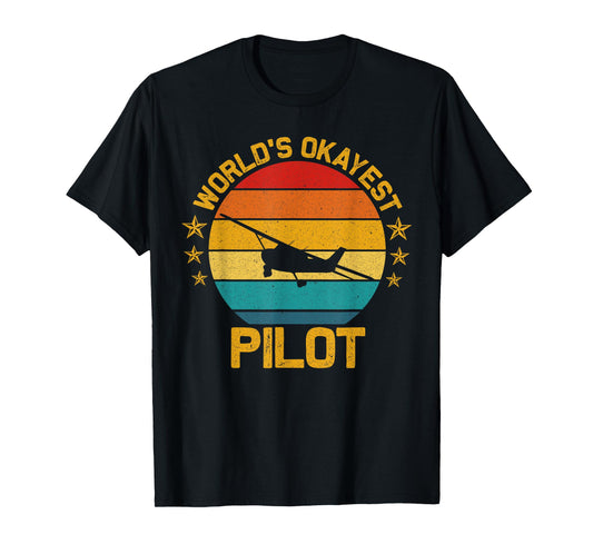 Aviation Airline Airplane Pilot Ideas Vintage Flying Airplane World's Okayest Pilot Unisex-Adults Black Cotton 60% Polyester 40% Classic Fit Crew Collar Short Sleeve T-Shirt Small