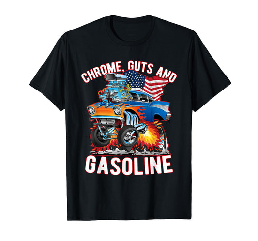 Jeff Hobrath Funny Chrome Guts and Gasoline Hotrod Car Cartoon Design T-Shirt - Unisex-Adults/Kids, Black, Short Sleeve, Small