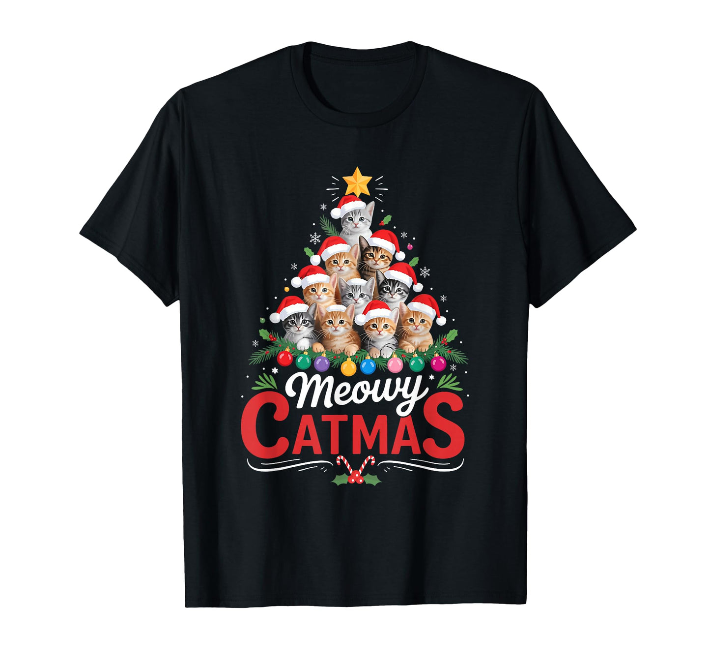 Meowy Catmas Cat Christmas Tree Xmas Girls Boys Funny Santa T-Shirt