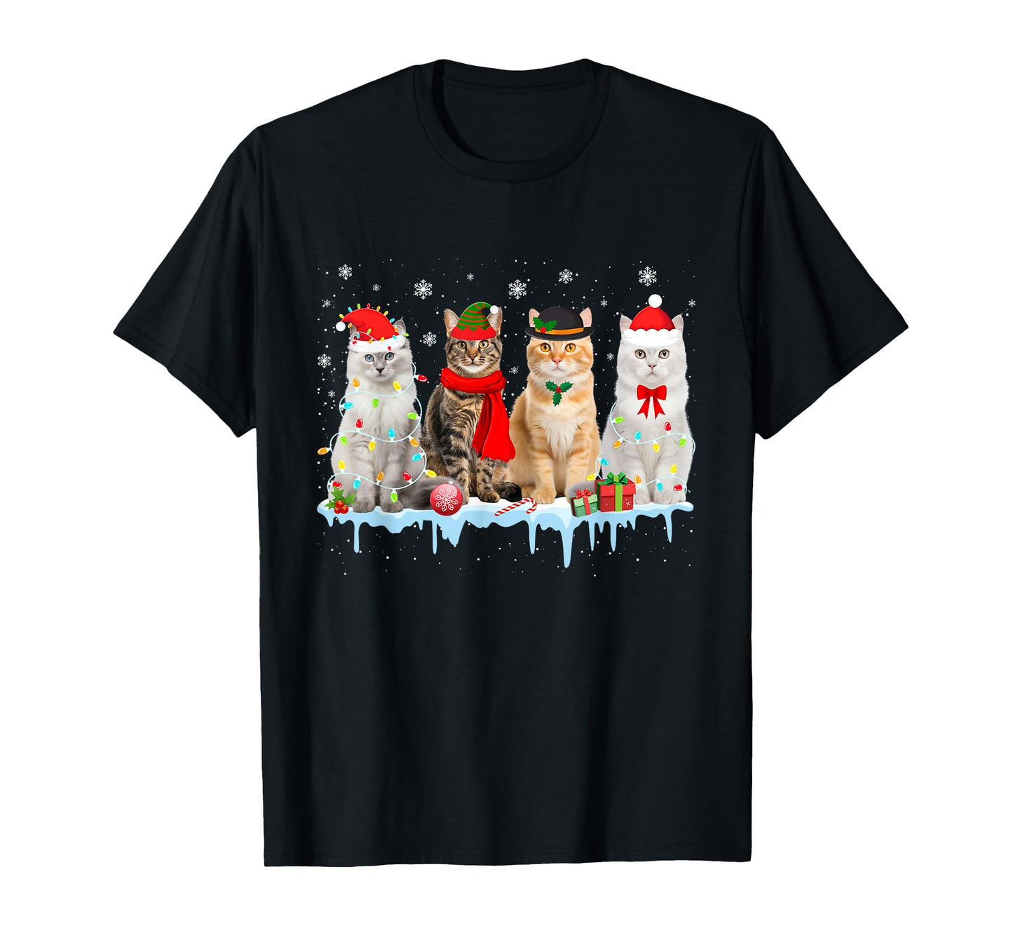 Funny Cat Christmas Lights Reindeer Santa Xmas Kitten Lover T-Shirt