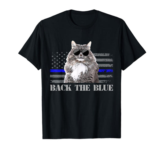 Back the Blue Police Cat Thin Blue Line American Flag T-Shirt for Women Kids Men