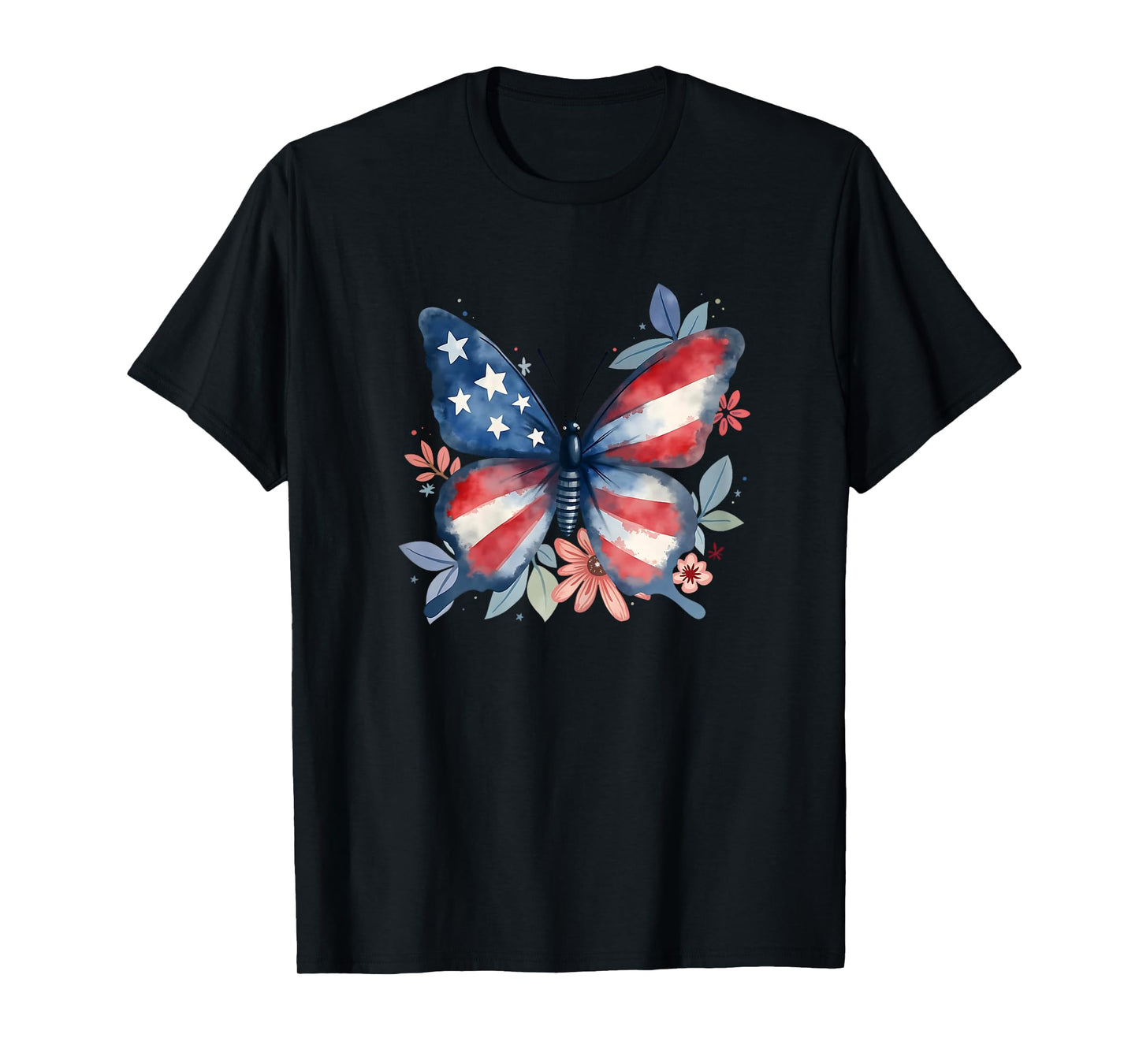 Butterfly Floral American Flag USA 4th Of July Girls Women T-Shirt