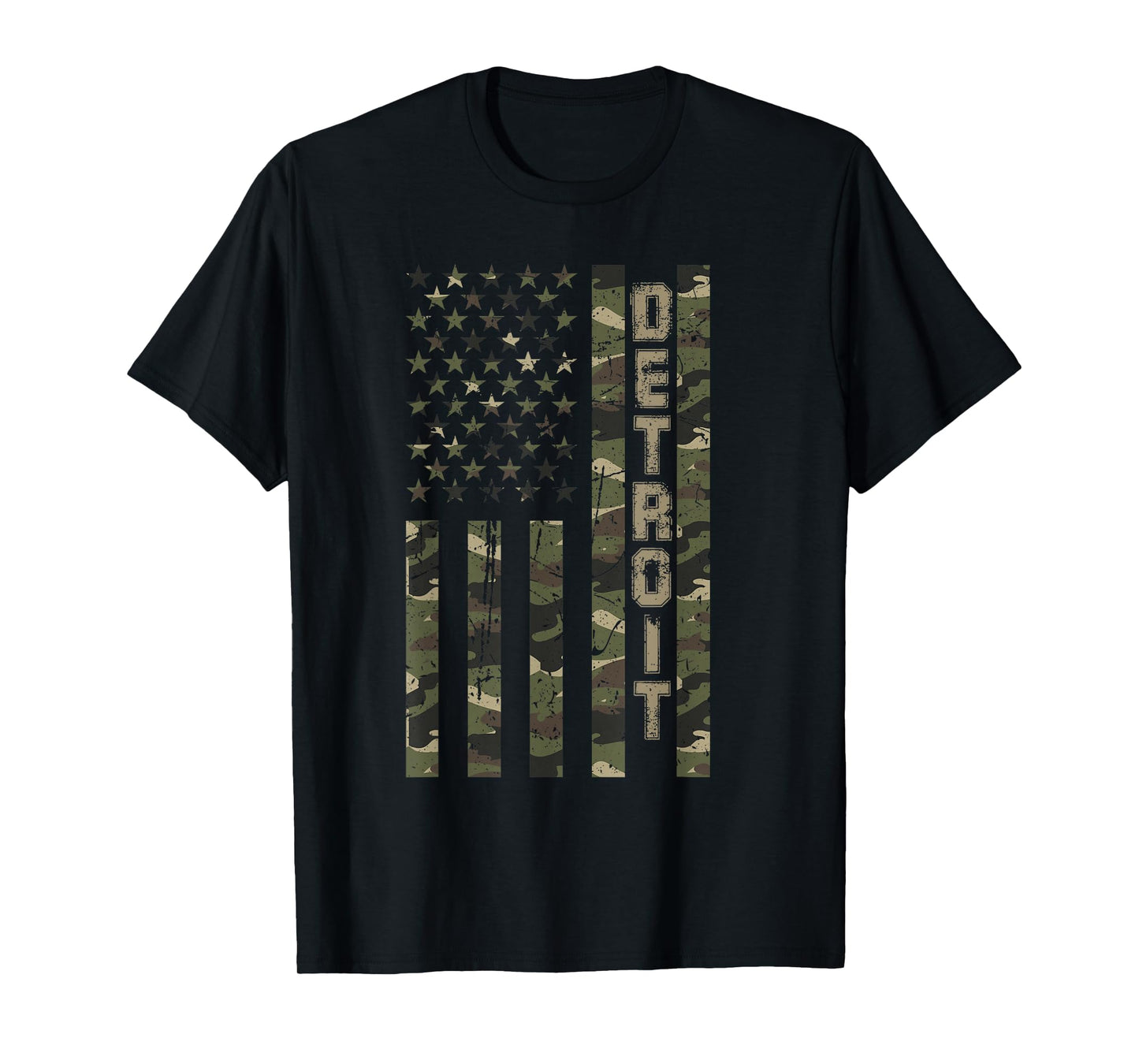 Detroit United States Distressed Camo w US Flag T-Shirt