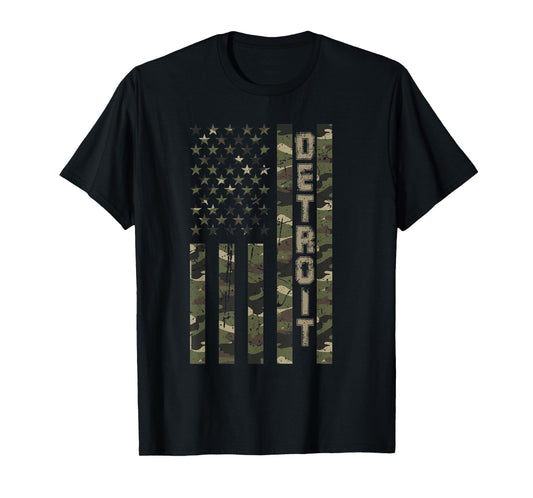 Detroit United States Distressed Camo w US Flag T-Shirt