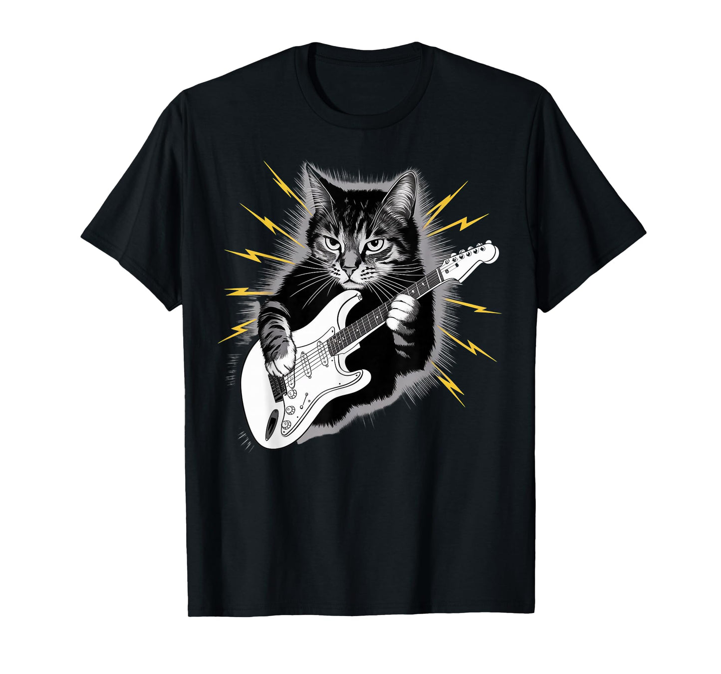 Cat Playing Electric Guitar instrument on Cat Guitarist T-Shirt