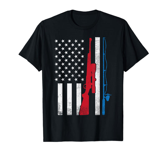 Fishing Rod Hunting Rifle America Flag Patriotic Dad Gift T-Shirt