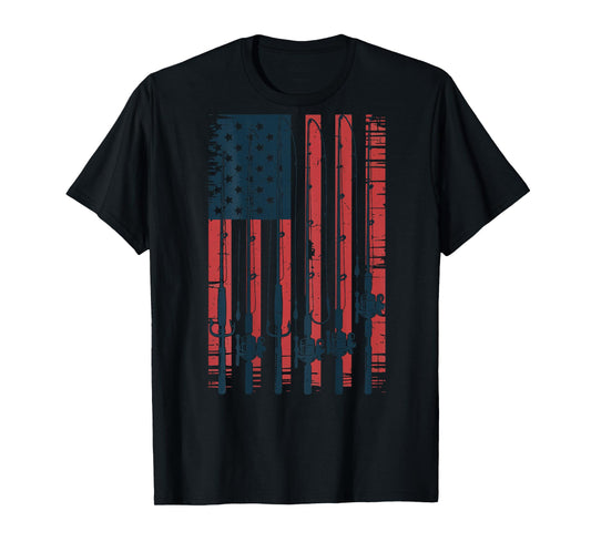 Fishing American Flag Fishing Pole Boy Men Patriotic Fishing T-Shirt