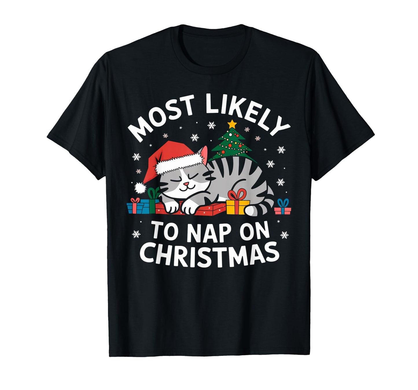Most Likely To Nap On Christmas Funny Cat Xmas Family T-Shirt
