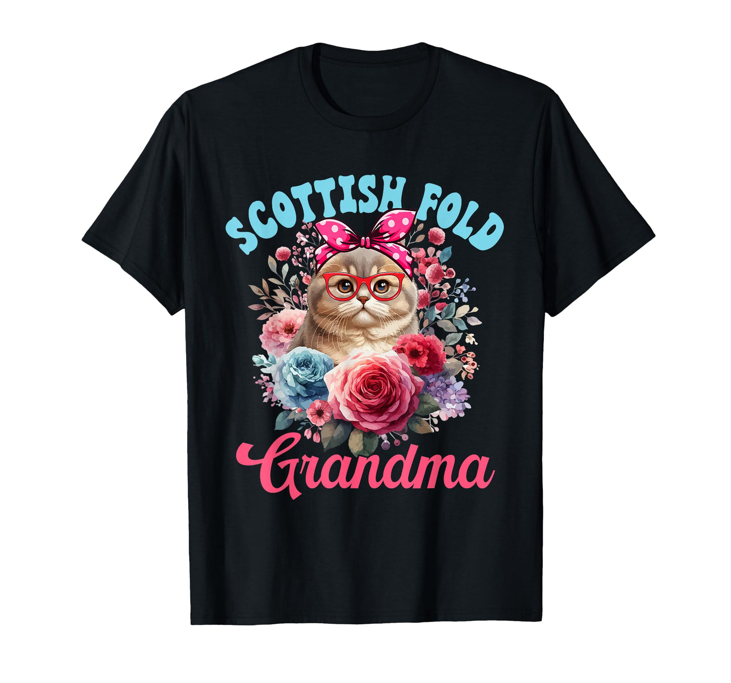 Scottish Fold Grandma Mother's Day Cat Bow Tie Floral T-Shirt
