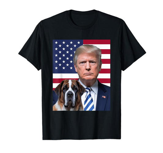 Funny Trump And St. Bernard Dog USA Flag Election 2024 Vote Men Women Girls Kids T-Shirt