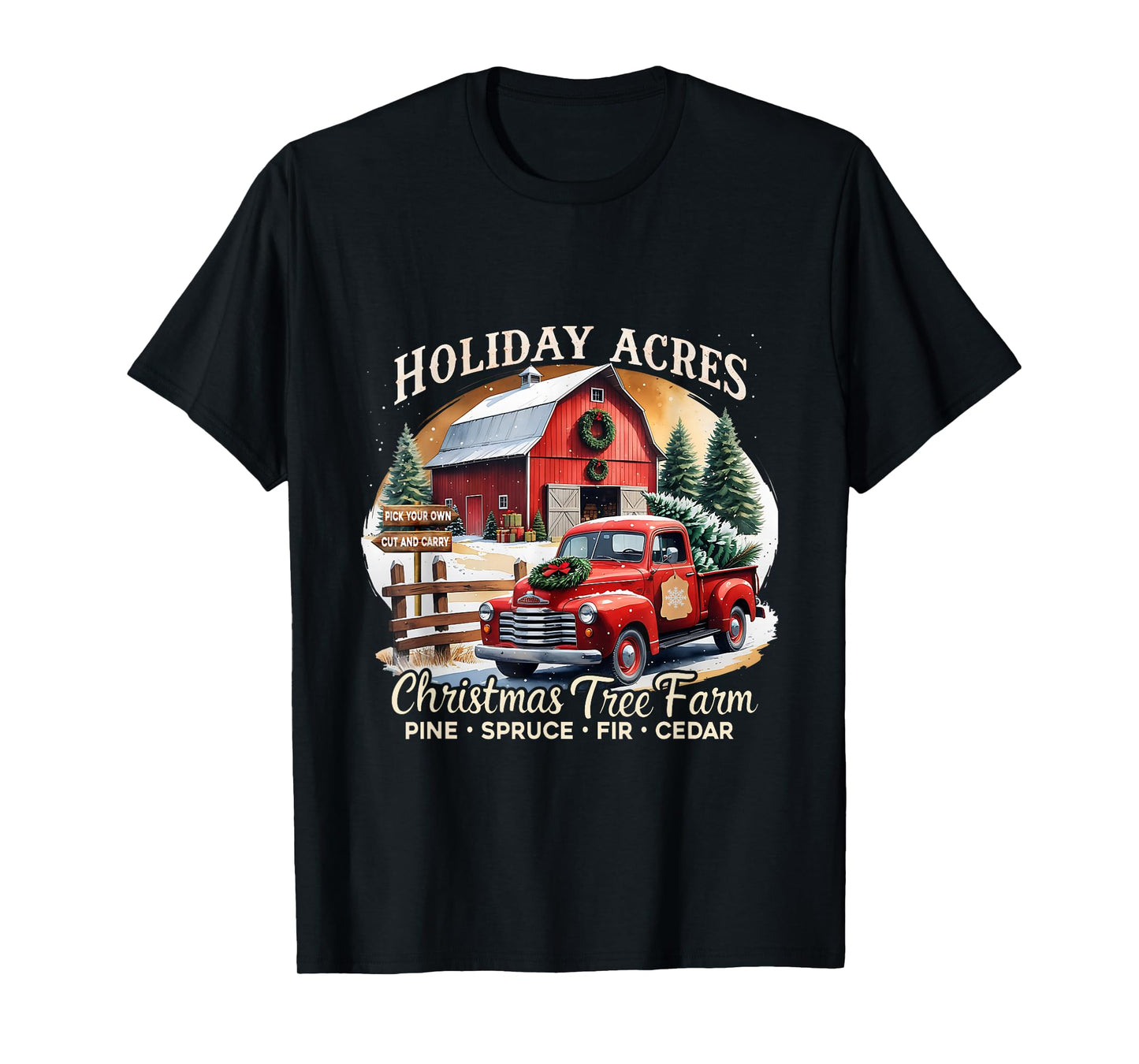 Vintage Red Truck Holiday Acres Christmas Tree Farm T-Shirt