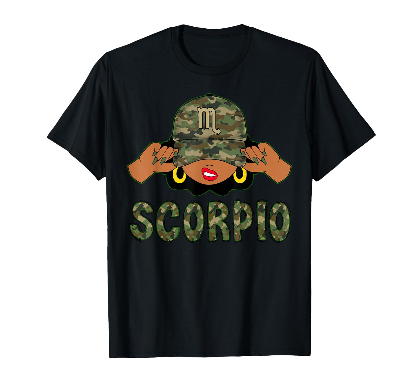 Scorpio Queen Black Woman With Camo Cap Afro Girl Zodiac T-Shirt