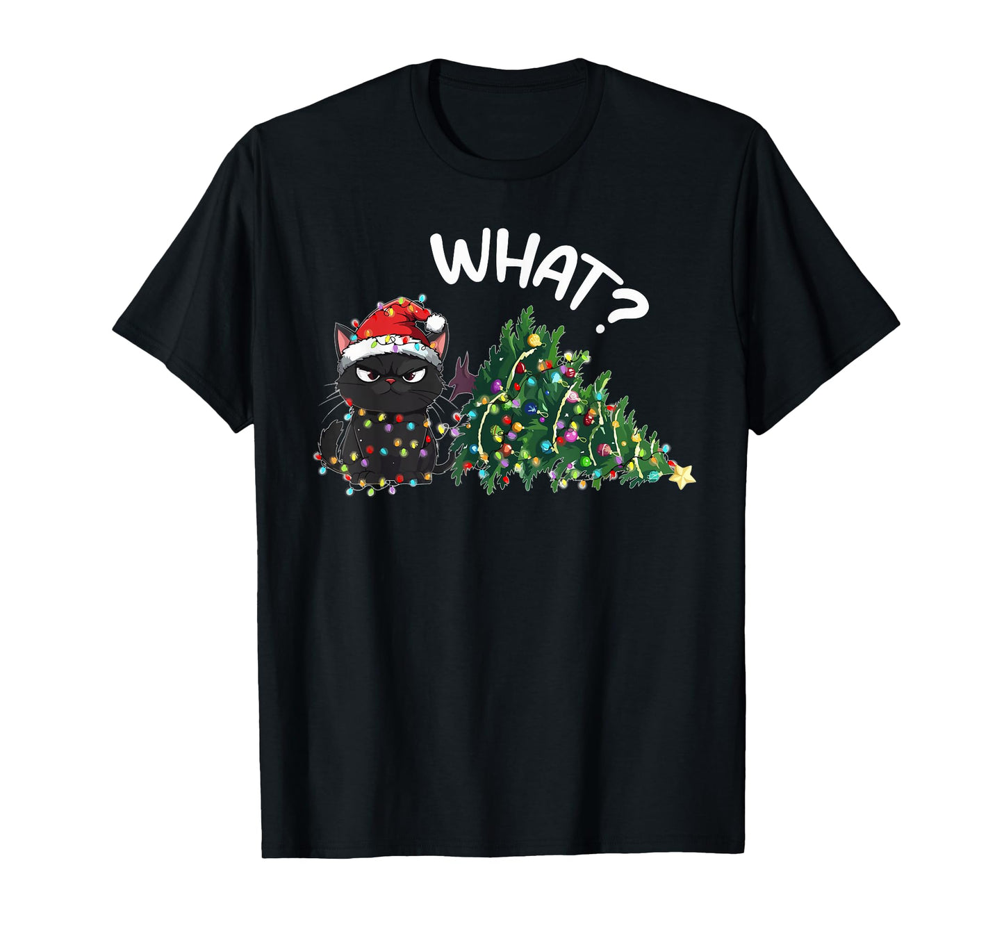 Funny Black Cat What? Christmas Tree Funny Cat Lover T-Shirt
