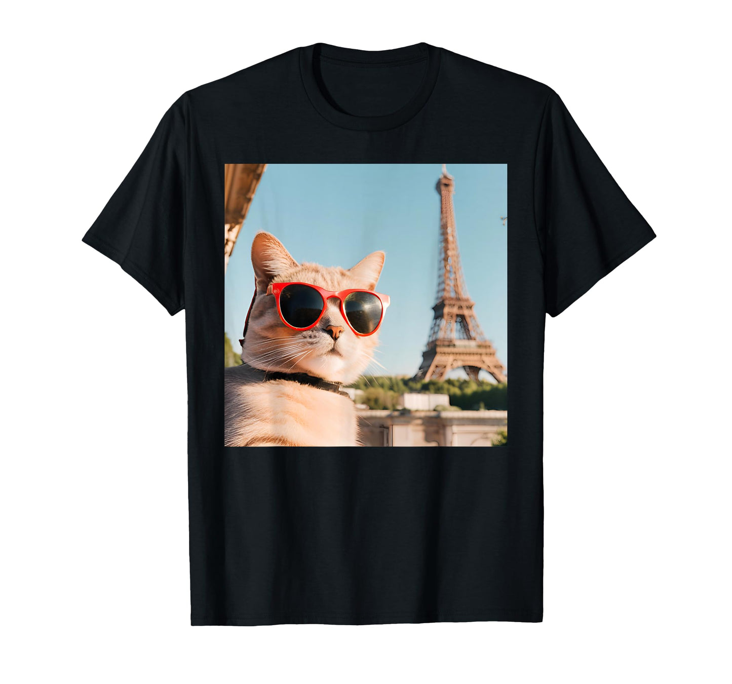 Funny Cat Wearing Sunglasses At The Eiffel Tower in France T-Shirt for Men Women Kids