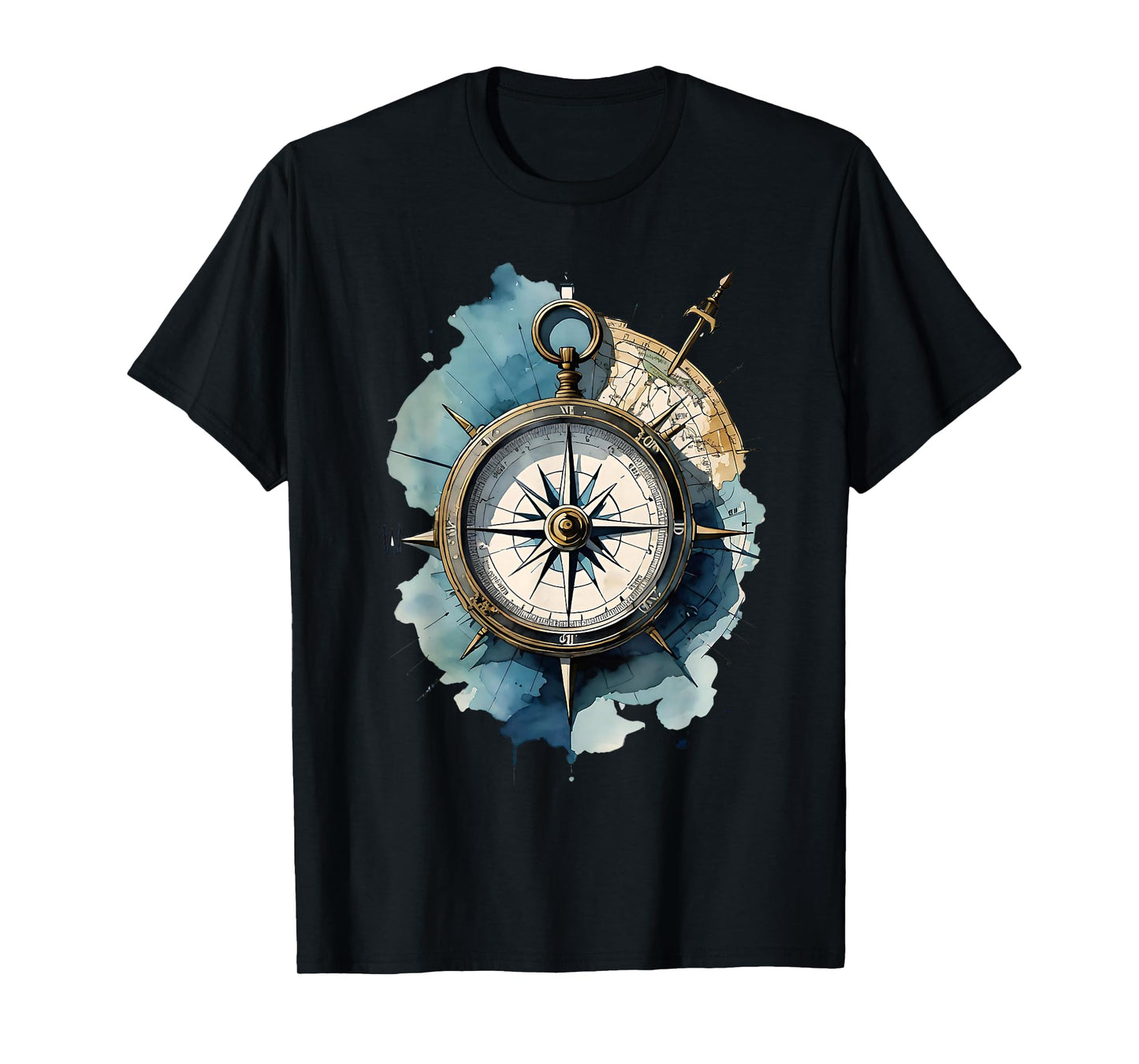 DachmanArts Nautical Compass T-Shirt - Unisex-Adults, Black, Small, Short Sleeve, Classic Fit, Polyester, Novelty T-Shirt