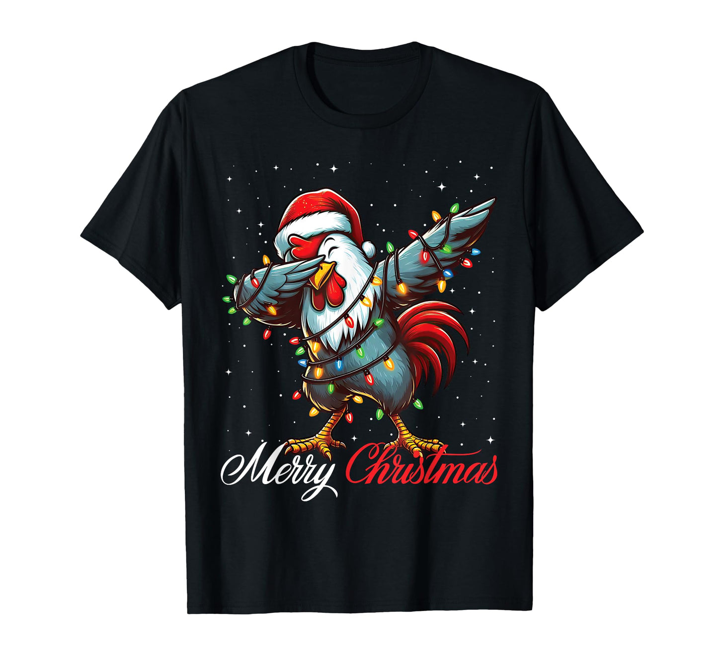 Dabbing Rooster Merry Christmas Lights Santa Hat Xmas Snow T-Shirt