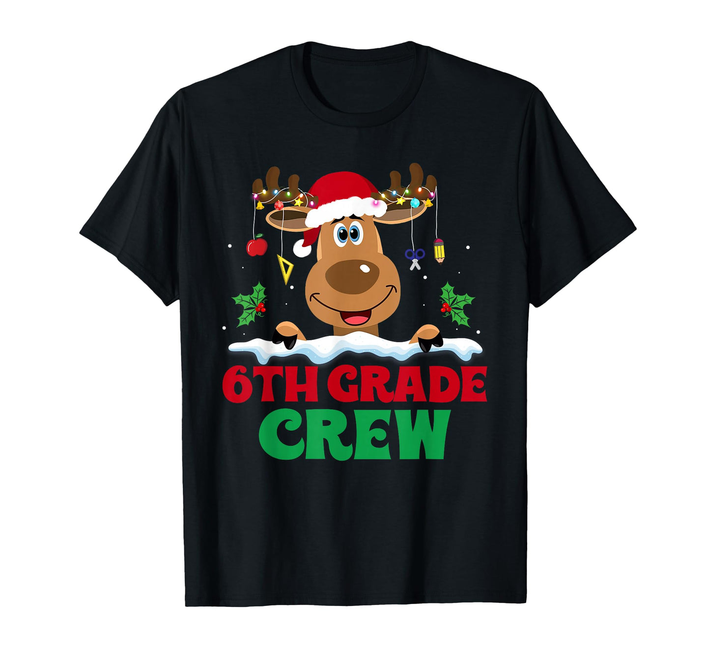 6th Grade Crew Reindeer Santa Hat Funny Christmas Teacher T-Shirt