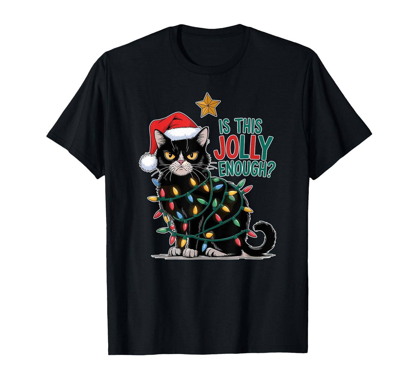 Is This Jolly Enough? Cat Merry Christmas Tree Lights funny T-Shirt
