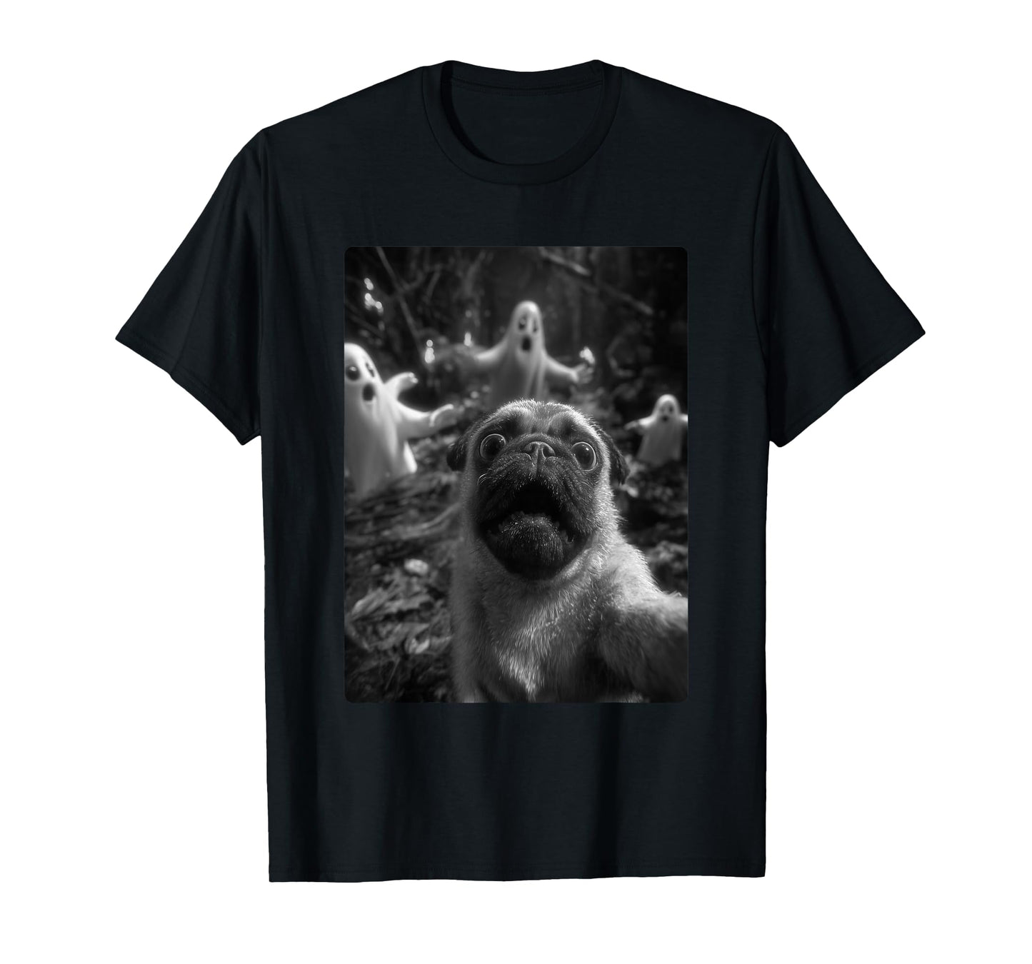 Spooky Pug Selfie with Ghosts Haunted Forest Halloween Dog T-Shirt