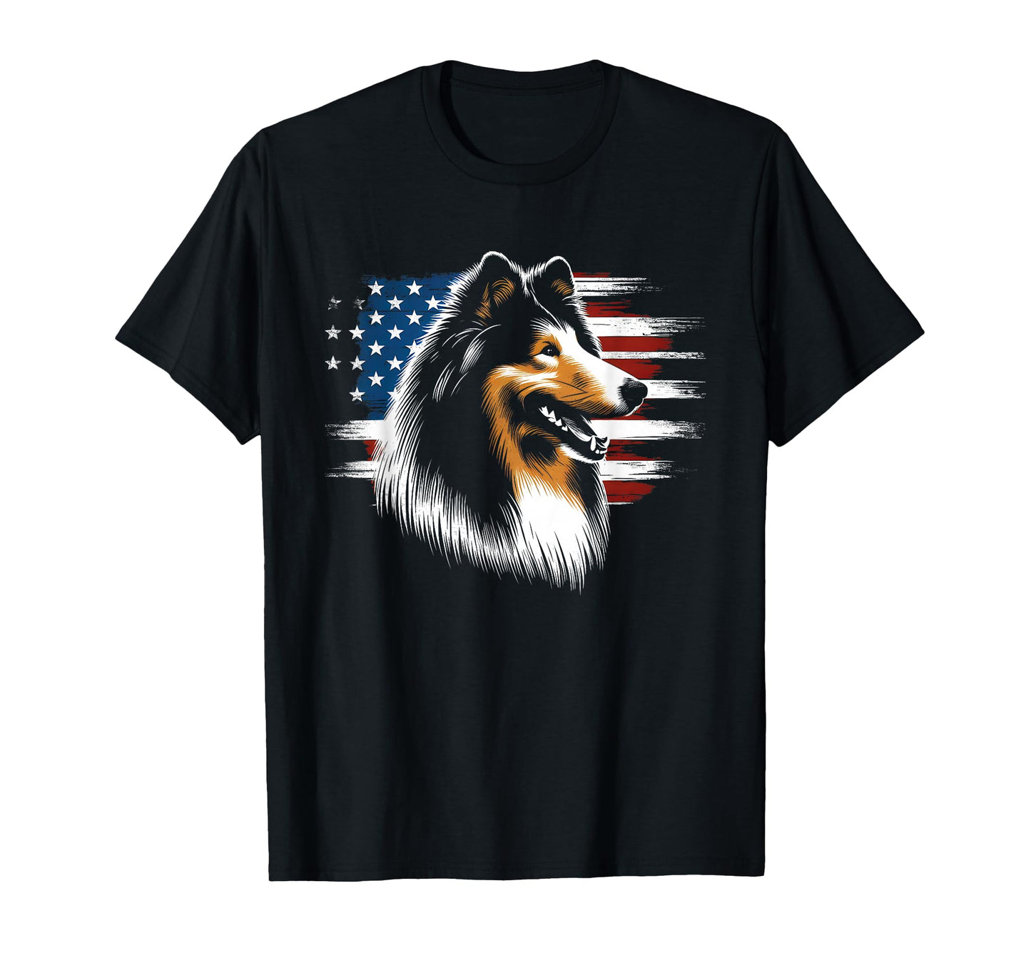 Rough Collie American Flag - Patriotic Collie Dog Lover T-Shirt