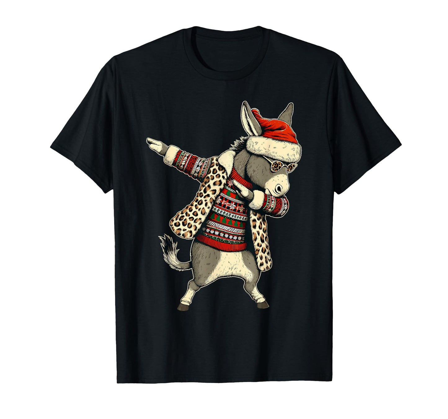 Donkey Leopard Print Dabbing Santa Hat Christmas Pajama Love T-Shirt
