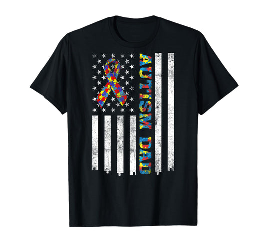 Autism Dad Autism Awareness Ribbon American Flag (On Back) T-Shirt