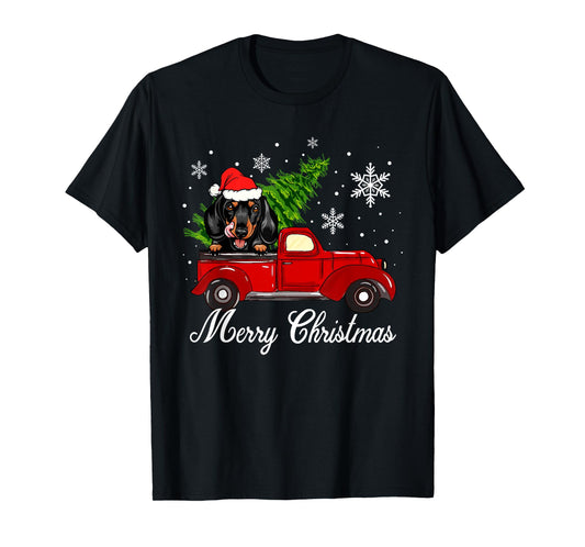 Dachshund Dog Riding Red Truck Christmas Decorations Pajama T-Shirt