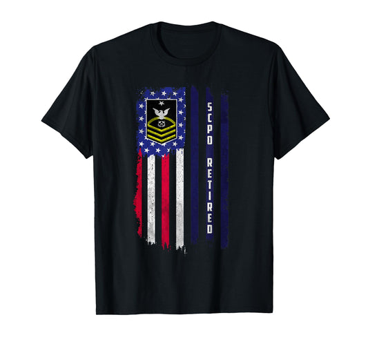 Retired E-8 Senior Chief Petty Officer Rank American Flag T-Shirt