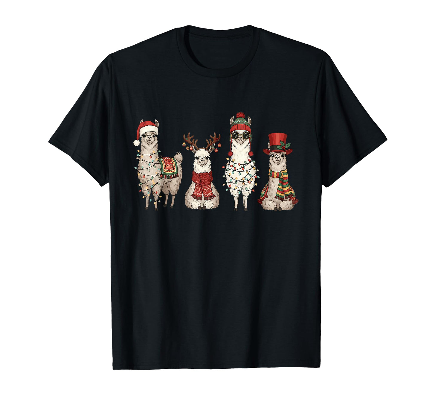 Christmas Llama Quartet Lights Santa Antlers Top Hat Scarf T-Shirt