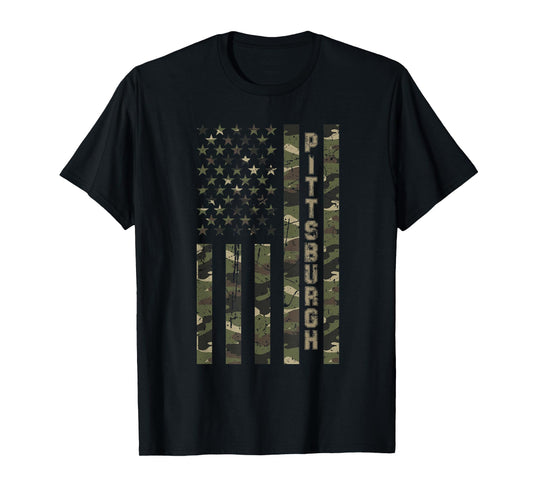 Pittsburgh United States Distressed Camo w US Flag T-Shirt