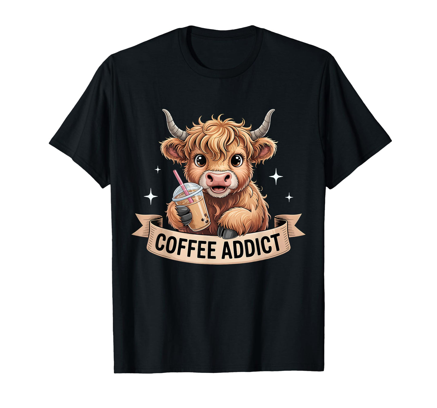 Cute Highland Cow Coffee Addict Funny Drink Coffee Cowgirl T-Shirt
