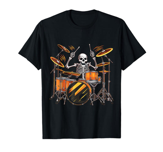 Drummer Skeleton Men Boys Drum Set Drummer Halloween Music T-Shirt