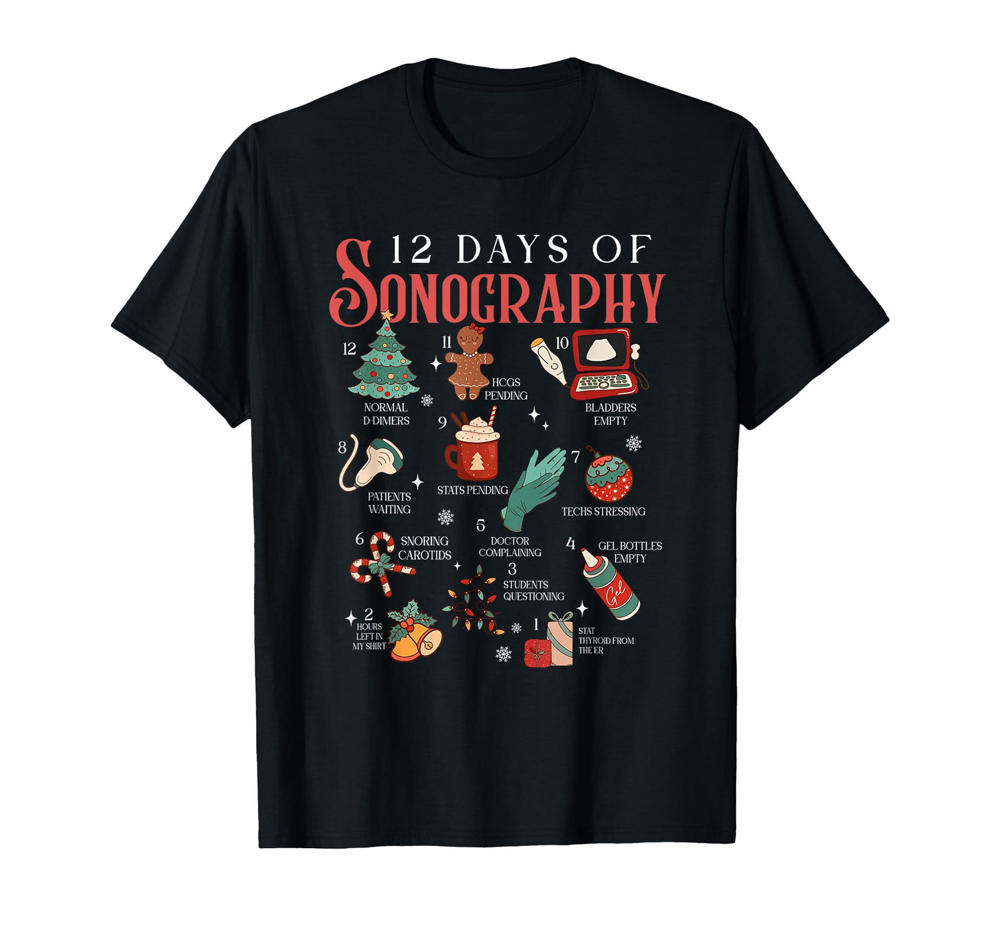 Retro Funny 12 Days of Sonography Ultrasound Tech Christmas T-Shirt