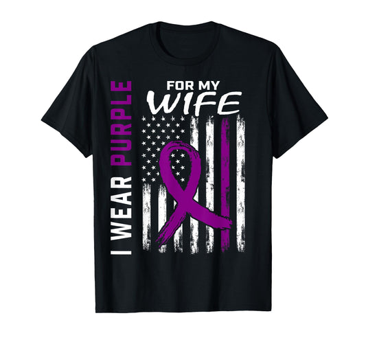 Purple Ribbon Pancreatic Cancer Awareness Flag Wife Graphic T-Shirt
