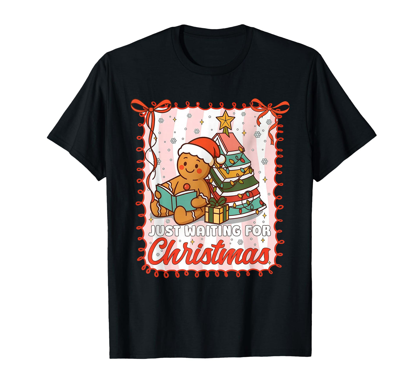 Just Waiting for Christmas Cute Gingerbread Reading Book T-Shirt