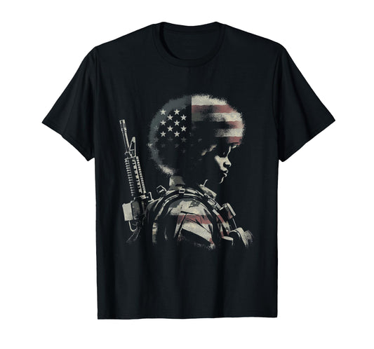 Female Soldier American Flag - Patriotic USA Afro Veteran T-Shirt